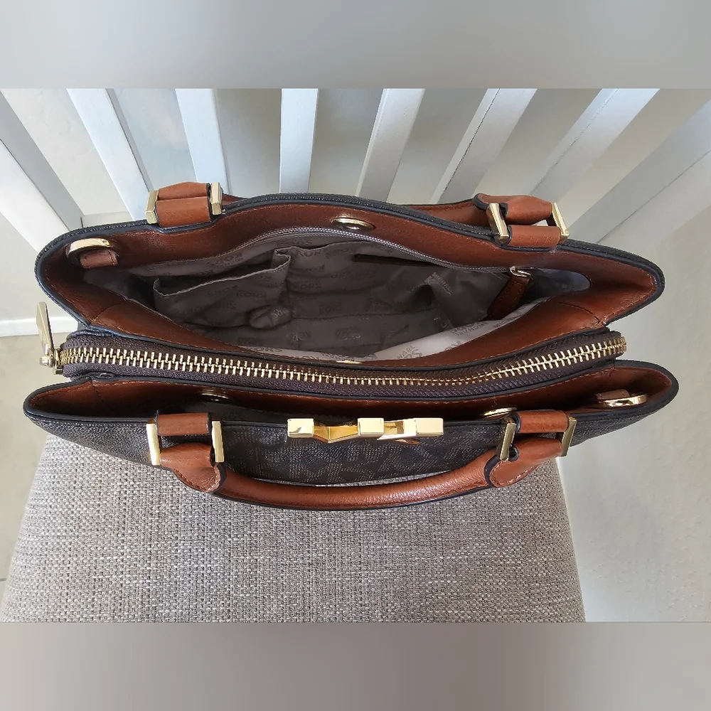 Michael Kors Black and Brown Satchel with Gold Accents